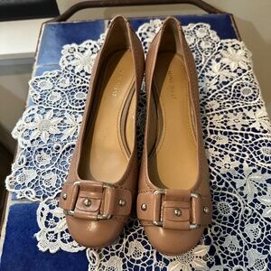 Nine West Low Heeled Taupe ( Light Brown) Pumps  w/ Low Heel Silver Buckle - 7.5